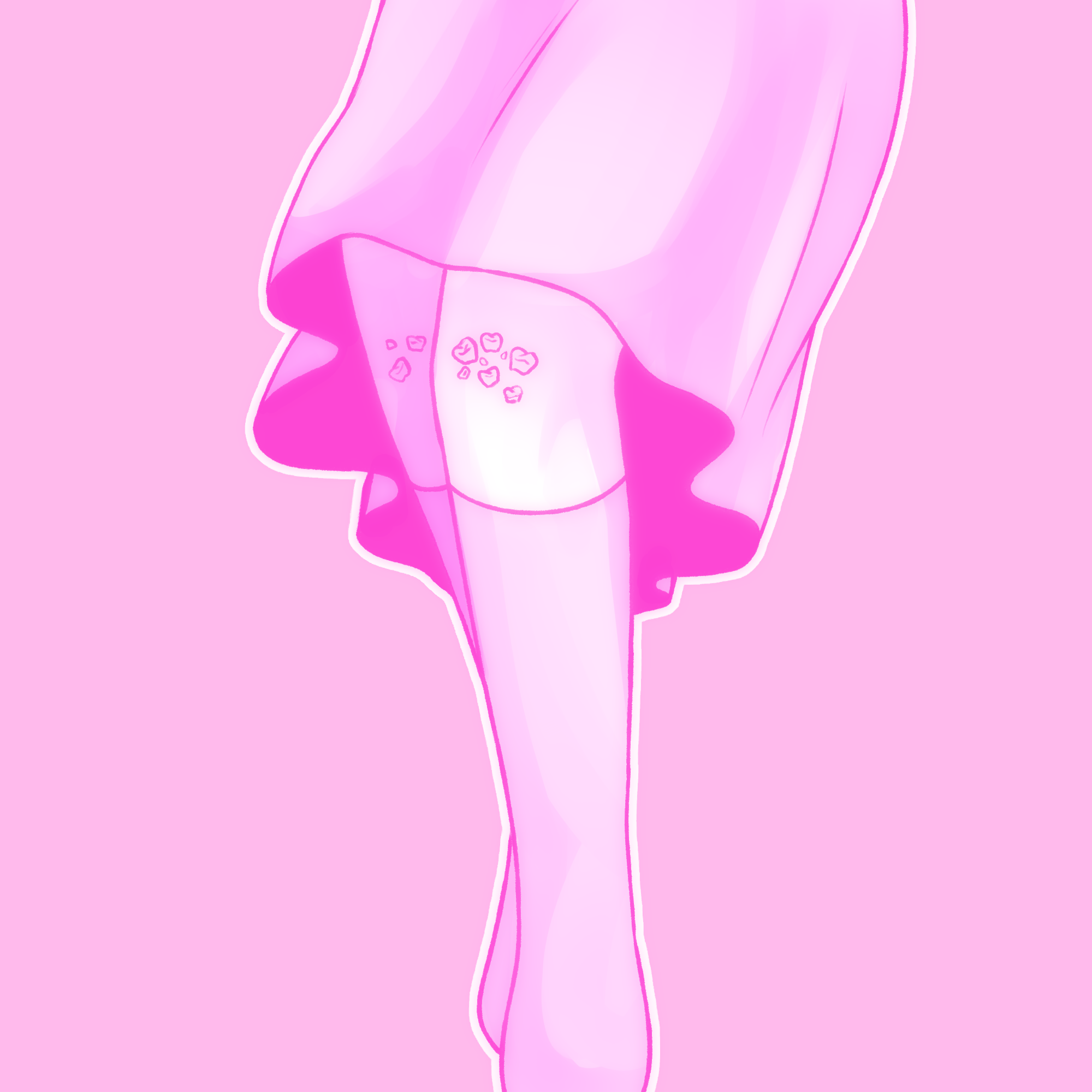 A drawing of knees with teeth. The image is mostly pink.